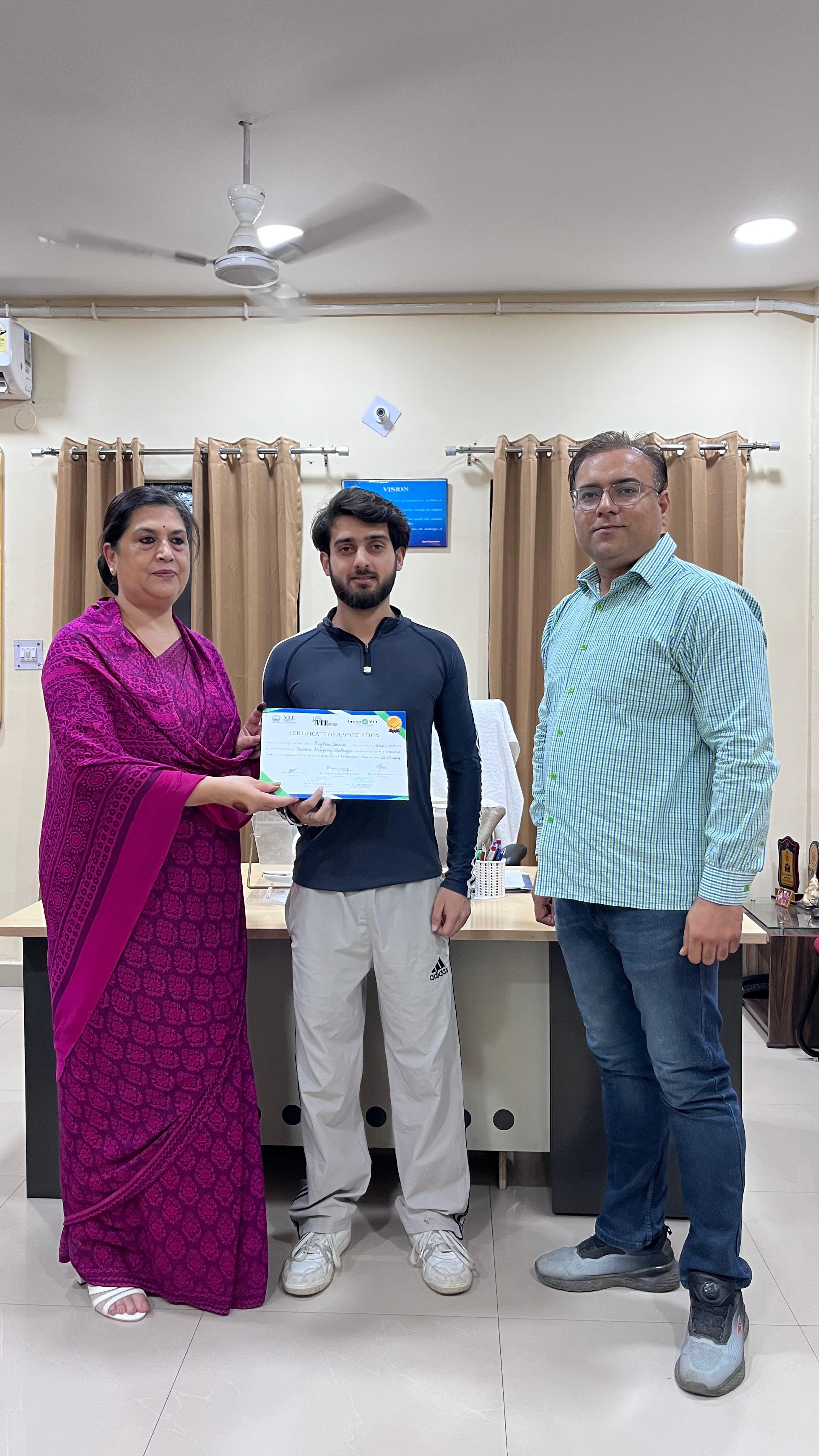 Mr. Rhythm Verma of 3rd semester LLB(3 years) participated and secured 2nd Postition in the Problem Drafting Challenge organised by the VIT School Of Law under technoVIT 24, Vellore Institute of Technology, Chennai on the topic 'How an AI can violate Human Rights'