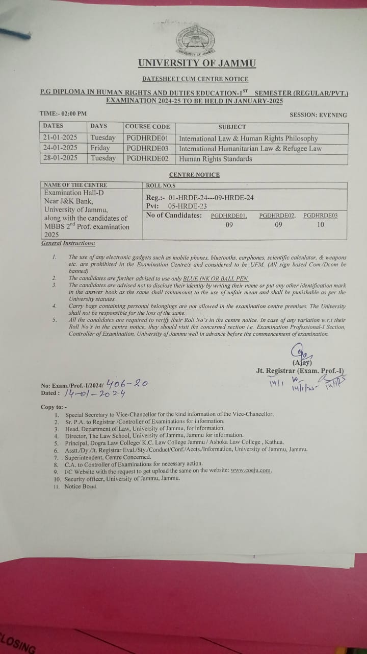  Date sheet for PG Diploma in Human Rights and Duties