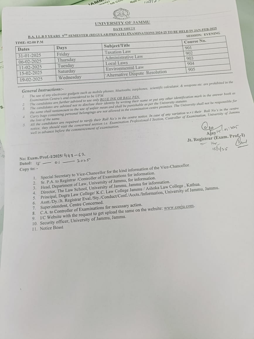 Date sheet for BALLB(5Years) Semester 9 Examination