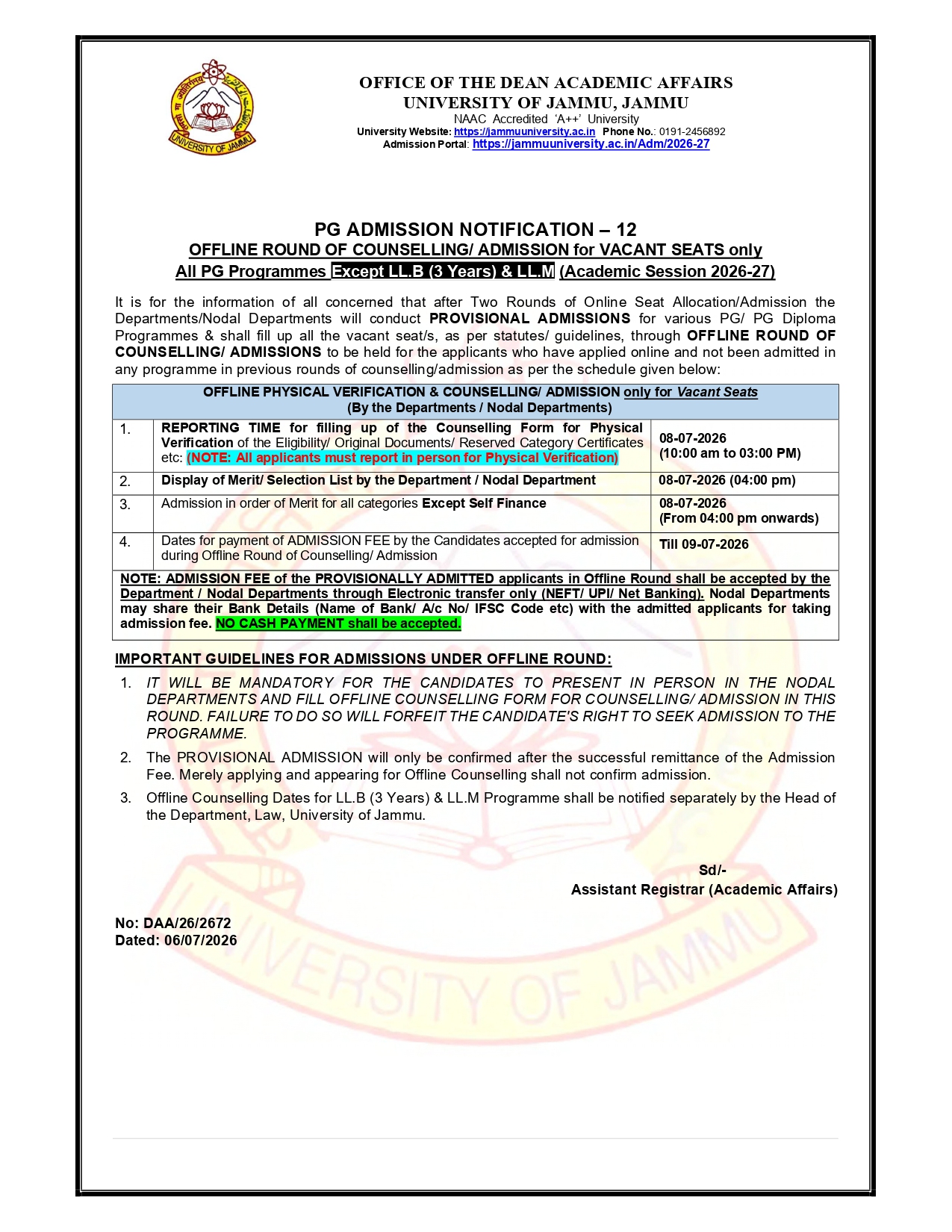 PG ADMISSION NOTIFICATION – 12 OFFLINE ROUND OF COUNSELLING/ ADMISSION for VACANT SEATS only  